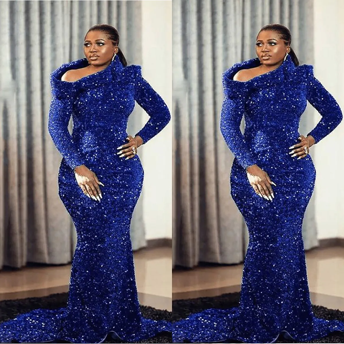 Plus size Royal Blue Mermaid Avond Jurken Sexy Long Sleeve Sequins Custom Made Prom Dress African Formal Party Wear