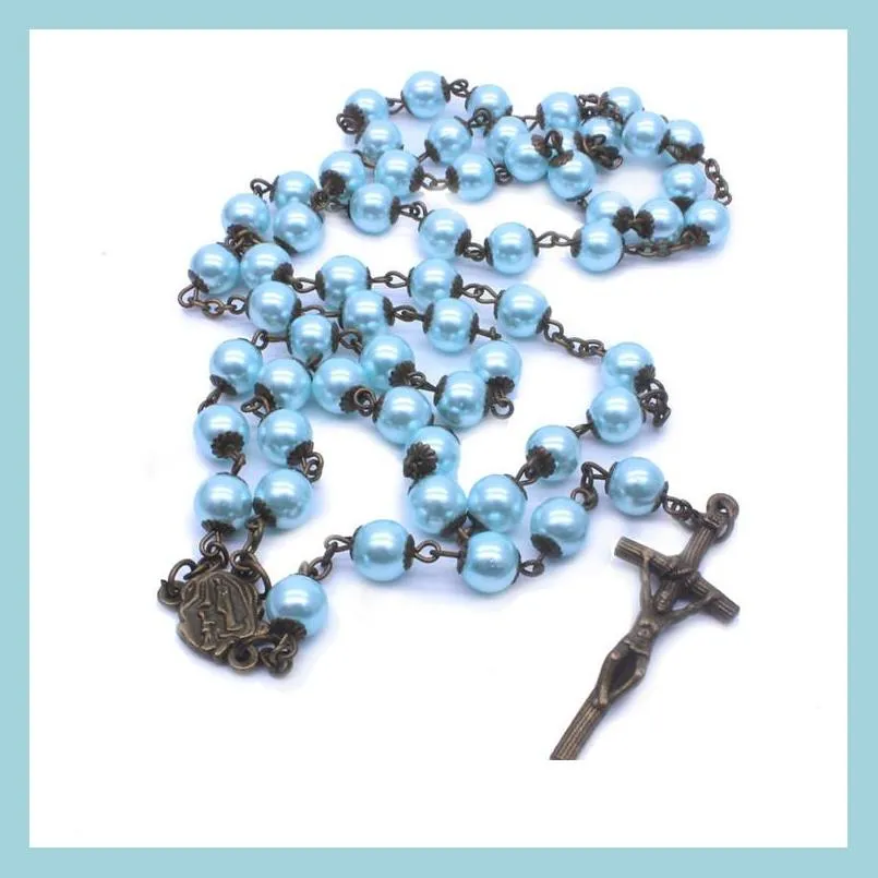 Beaded Neckor Blue Pearl Rosary Halsband Kvinnor M￤n Vintage Jesus Cross Halsband Pendant Classic Handmade Prayer Chai Dhseller2010 DHFZW