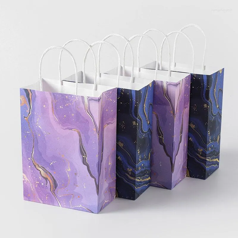 Enveloppe cadeau 5pcs Blue Purple Marble Design Kraft Paper Paper Sac avec manche d'anniversaire emballage Favors Favors Festival Supplies