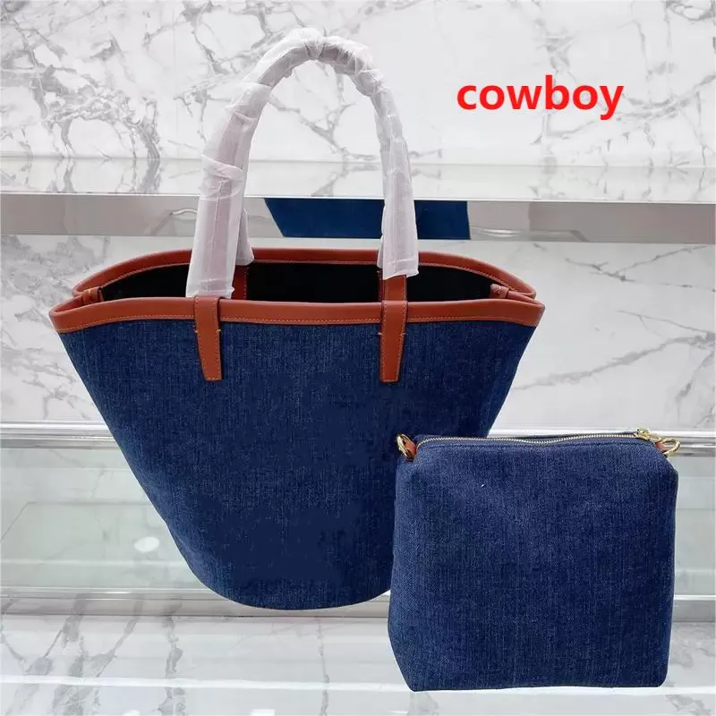 Borsa Couffin in tela denim Paris Navy Tote Ricamo Logo Sector Shopping Bag Borse firmate da donna Borse a secchiello