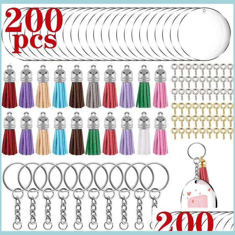 مفاتيح مفاتيح 200pcs سلسلة مفاتيح شرابة القلادة صنع مجموعة مفاتيح acrylic فارغة لمشاريع DIY والحرف الشفافة دائرة bdejewelry dhkcy