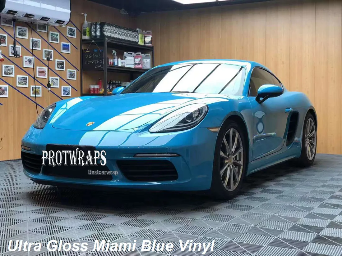 Premium Ultra Gloss Miami Blue Vinyl Wrap Sticker Hela Shiny Car Wrapping -täckningsfilm med Air Release Initial Low Tack Glue Självhäftande folie 1.52x20m 5x65ft