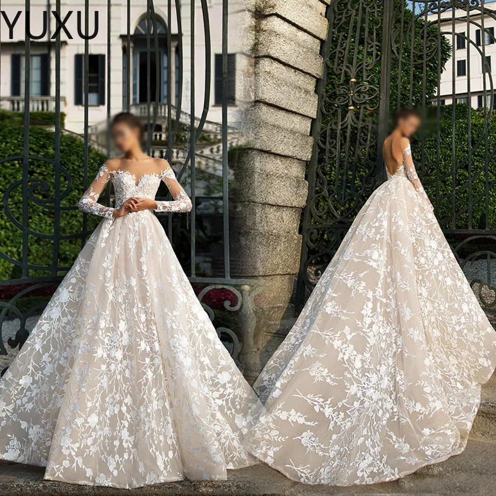 Bescheiden baljurk jurken pure lange mouwen Lace Court Train Wedding Bridal Jurkens