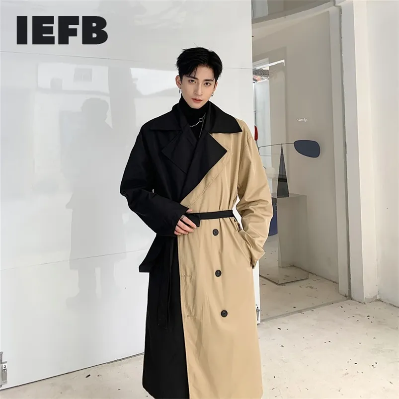 Мужские траншеи Coats IEFB Мужская одежда дизайн одежды ветрящика с ремнем личность попадает в цветовой лоскут свободный негабаритный пальто мужчина Trech 9y189 220906