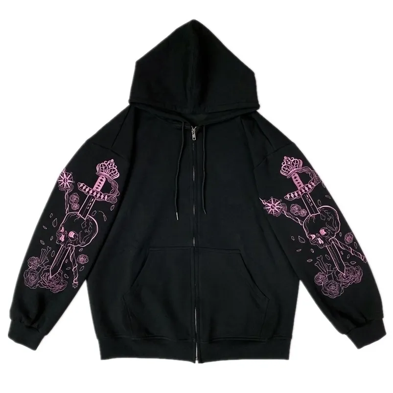 Felpe con cappuccio da donna Felpe con cappuccio punk stampa grafica cerniera nastro con cappuccio felpa con cappuccio vintage nero oversize cappotto felpa anni '90 streetwear giacca top 220907