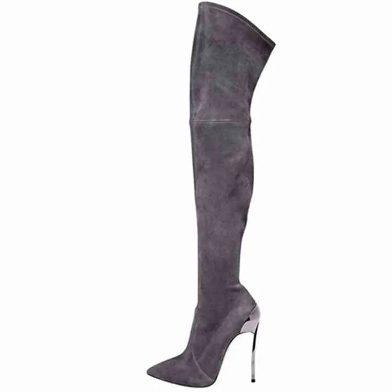 Boots Spring Autumn Grey Over The Knee Pointed Toe Stilettos High Heels 12cm Leg Slimming Slip on Stretch 220906