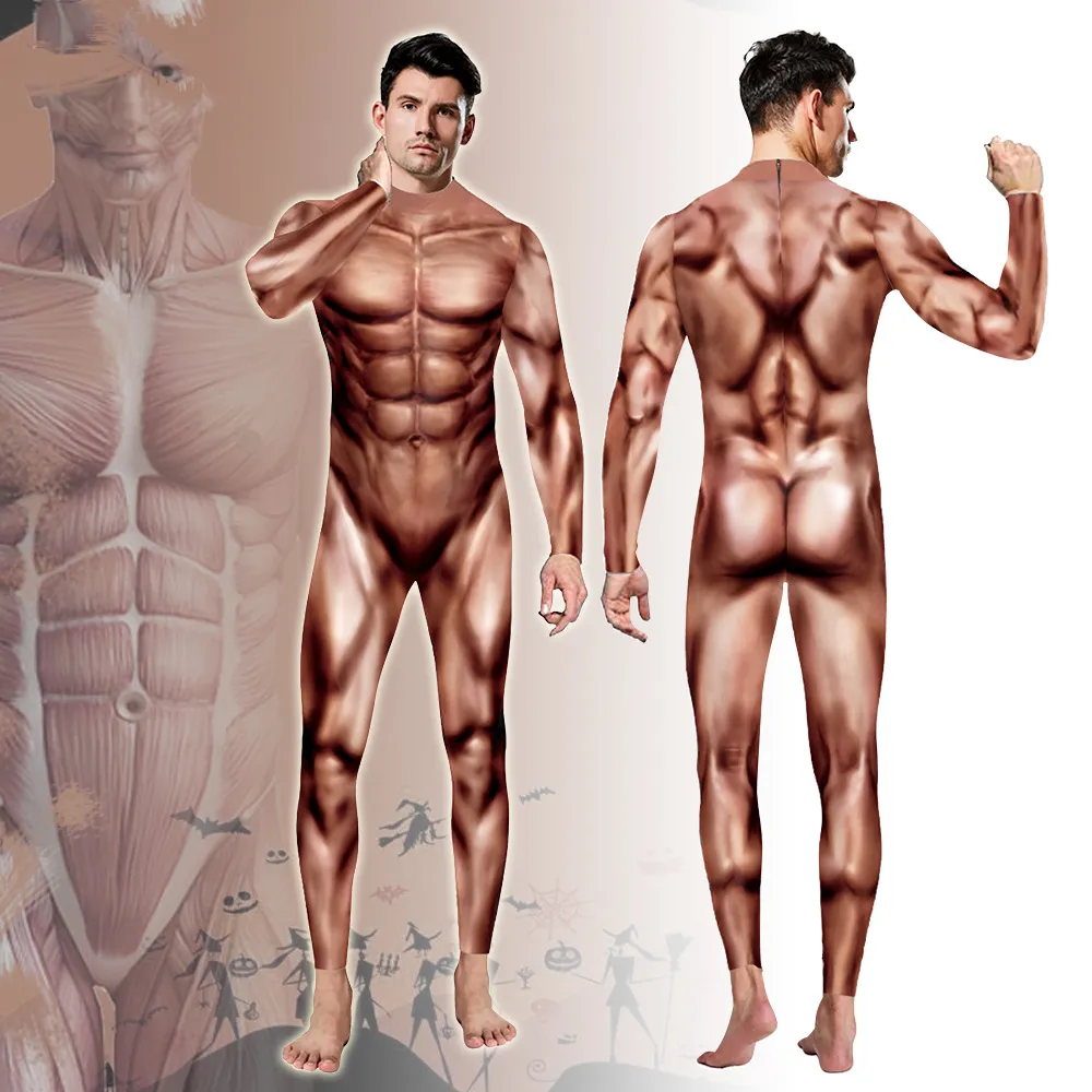 Party Supplies Festival Performance Digital Print Fitness Simulation Muscle Conneined Male Stage Performance Suit