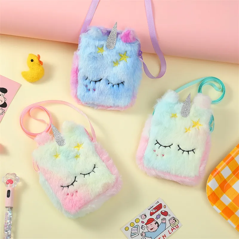 Sacs à dos pour enfants Cadeau Dessin animé Peluche Licorne Sacs à bandoulière Petite Princesse Mignonne Sac de messager carré Fille Porte-monnaie 20220908 E3