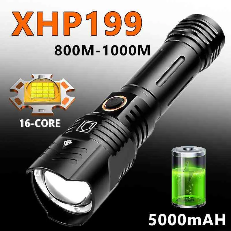 1000000lm upgrade krachtige LED XHP199 zaklamp USB laadzoom Torch waterdicht 5000 mAh tactisch flitslampje licht door 26650 J220713