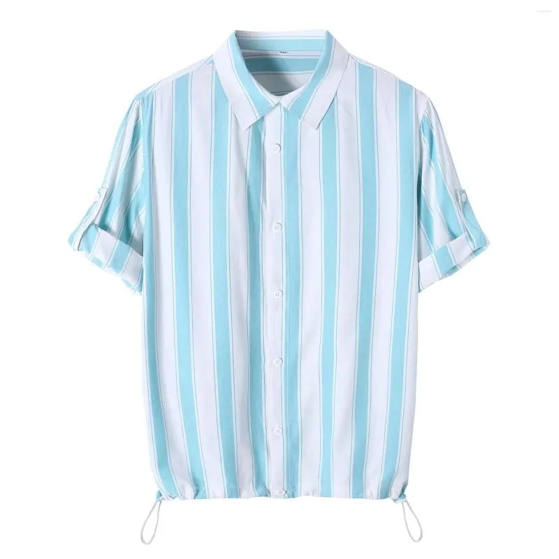 Camisa de camisas casuais masculina para homens listrados de primavera outono de outono solteiro turn turn colar colar praia de três quartos de manga dobrável masculino macho