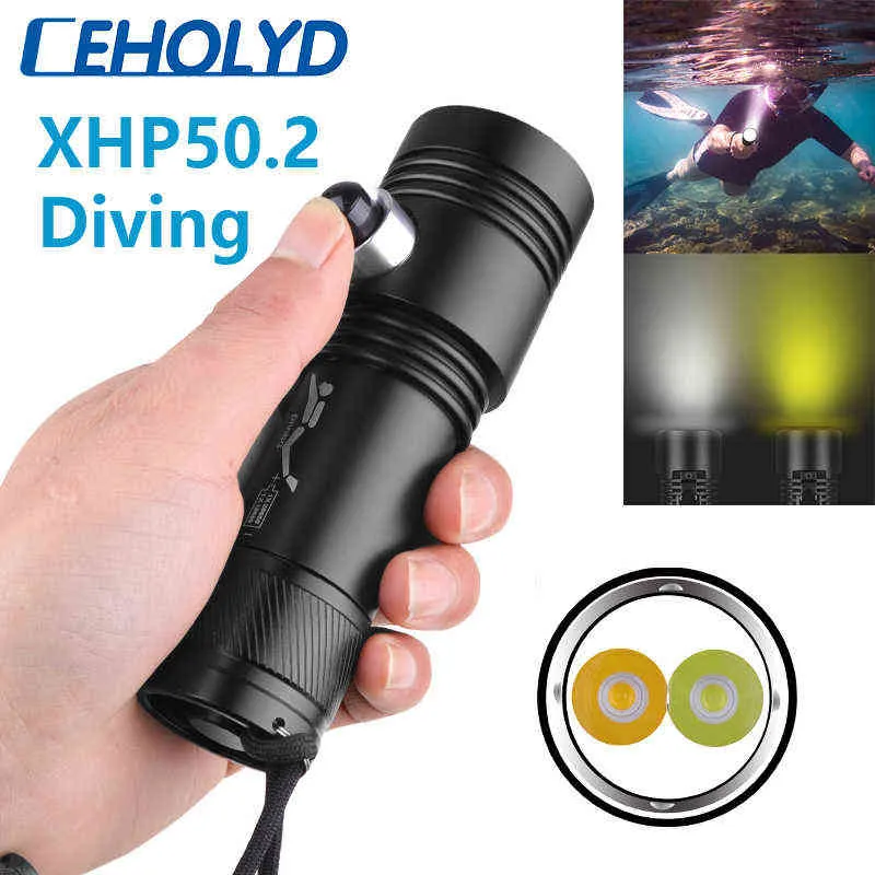 Ceholyd LED Diving Flashlight XHP50防水IPX8トーチアンダーウォーター18650 26650 J220713の高品質の高品質の電源