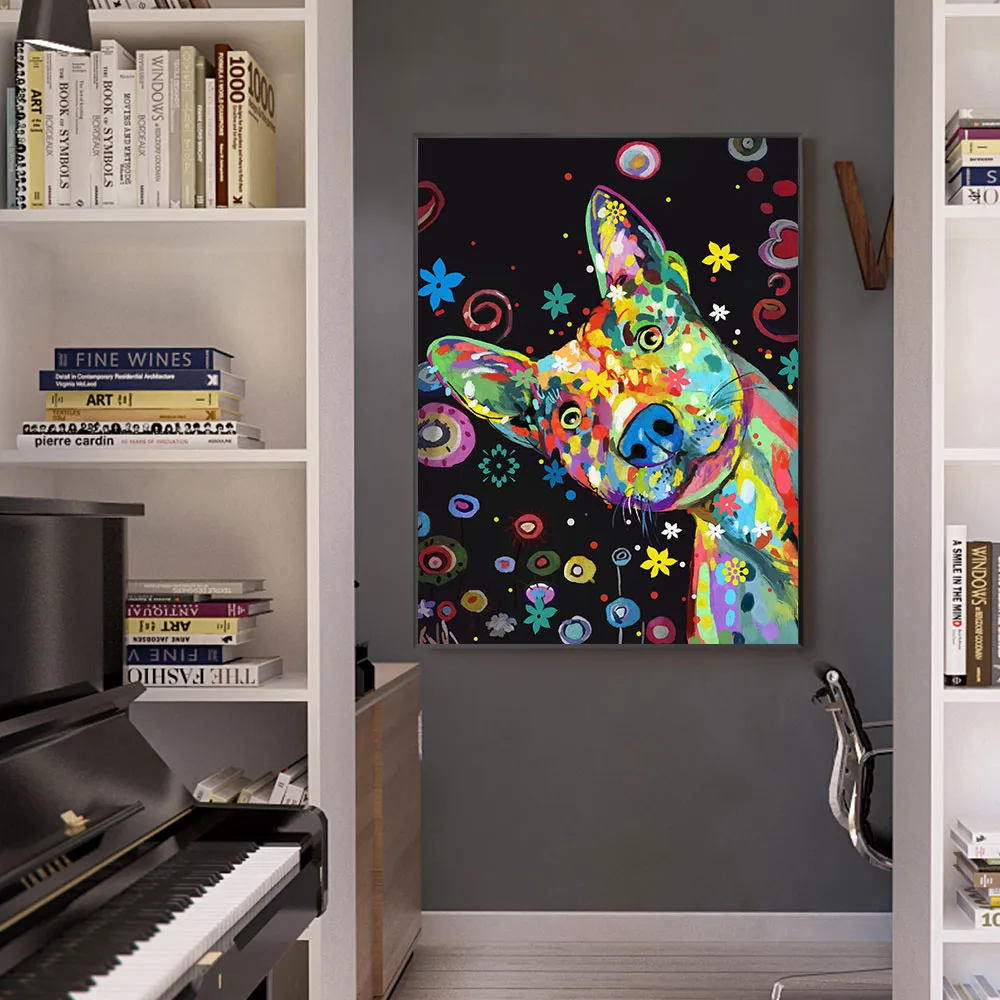 Måla abstrakt tecknad färgglada hund affischer och skriver ut djur kanvas väggkonst bild för vardagsrum hem dekoration