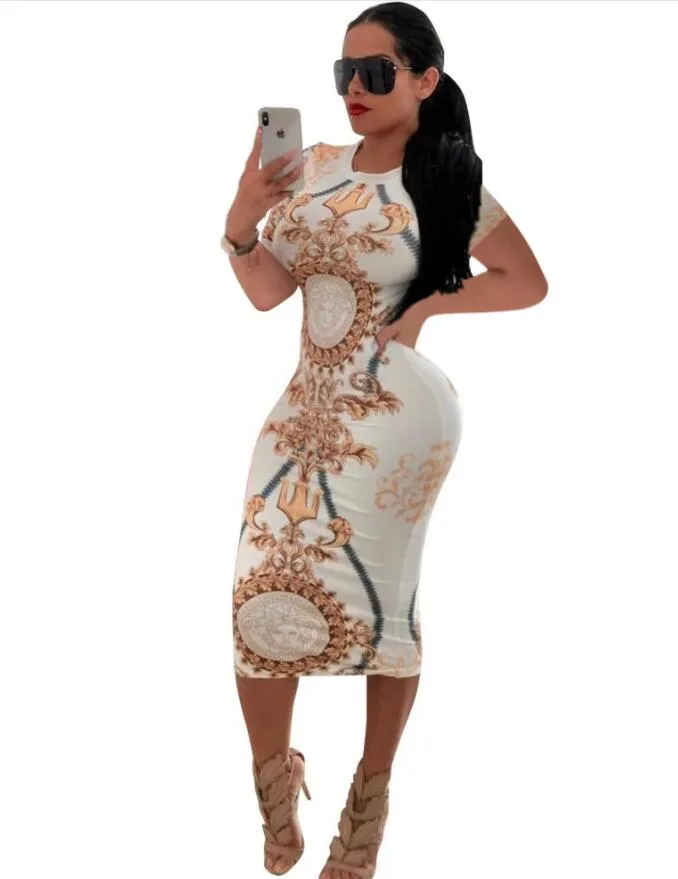 Zomer dames ontwerper casual jurken bedrukte korte mouw o nek bodycon sexy feestclub elegante midi jurk voor meisjes