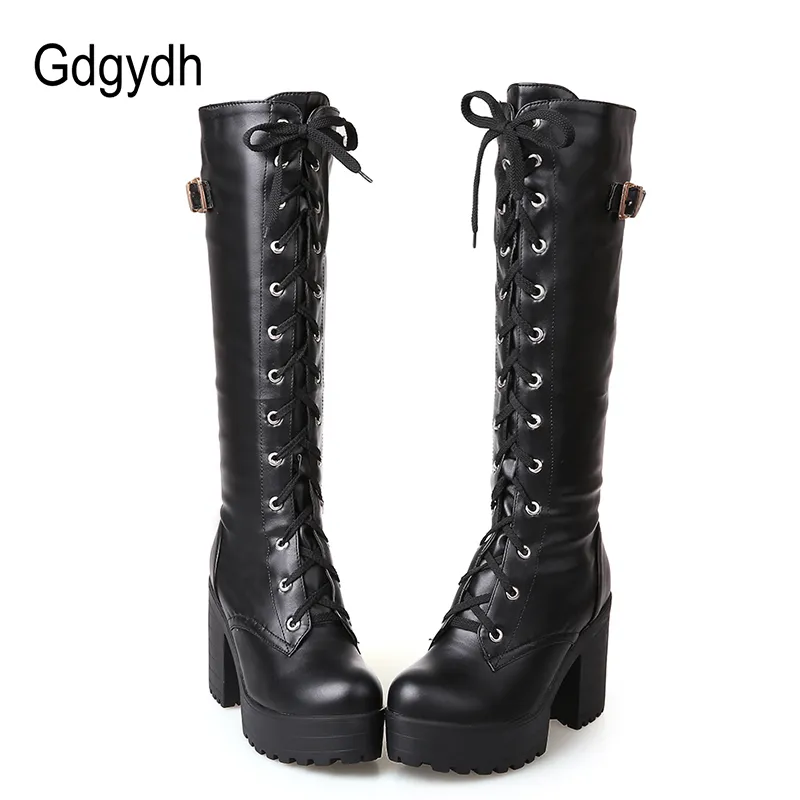 Boots Gdgydh Spring Autumn Lacing Knee High Boots Women Fashion White Square Heel Womane Leather Shoes Winter Bare Size 43 220908