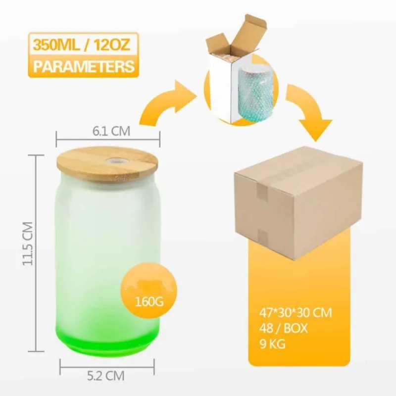 12oz 16oz 그라디언트 유리 병 머그잔 350ml 500ml 컵 DIY 블랭크 머그 러블리션 유리 병 짚을 가진