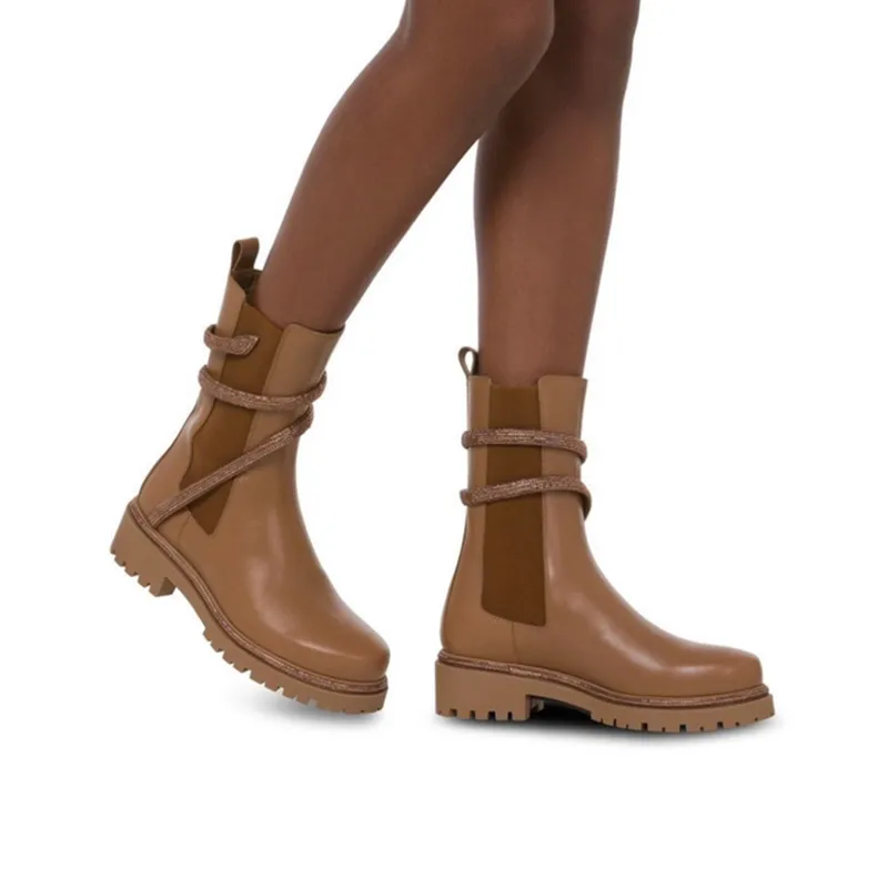 Rene Caovilla Chelsea Boots Tasarımcılar Ayakkabı Rhinestone Yılan Ayak Bilgisi Sargı Yoksini Kadın Ayakkabı Martin Patez Kalın Alt Cleo Motosiklet Savaş Önyükleme