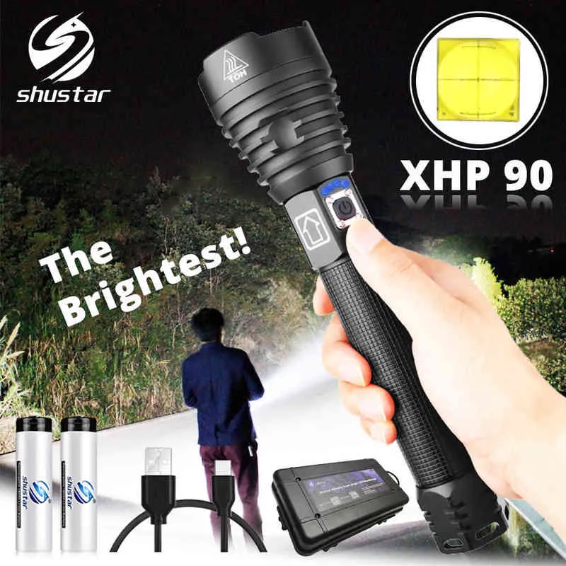 De helderste XHP90 LED -zaklamp Tactische waterdichte Torch 3 Verlichtingsmodi Zoombare jachtcampinglampen in 18650 of 26650 J220713