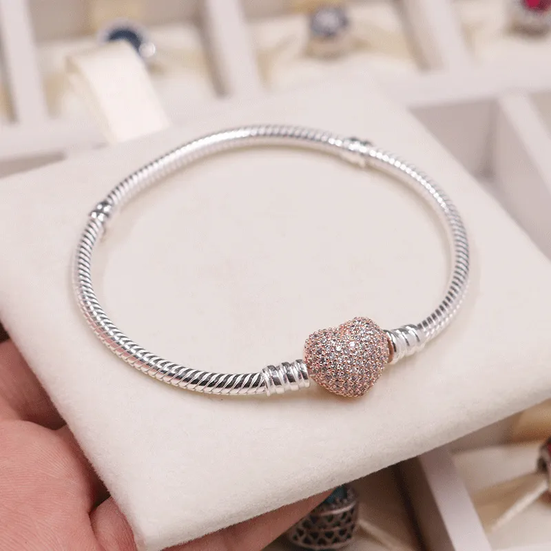 Rose Gold Hearts Pave Sluiting Bedelarmband Vrouwen Sterling Zilver Bruiloft designer Sieraden Set Originele Doos Voor pandora Snake Chain Armbanden