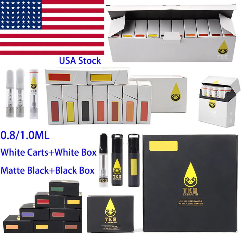EUA Molho TKO Extrair atomizadores de caixas brancas pretas Vapes carrinhos de vape vazios Carturos