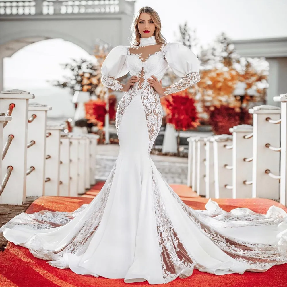 Plus Size Mermaid Lace bell sleeve wedding dress with Long Sleeves, Appliqued High Neck, Satin Sweep Train, and Sequined Details - Vestidos de Novia