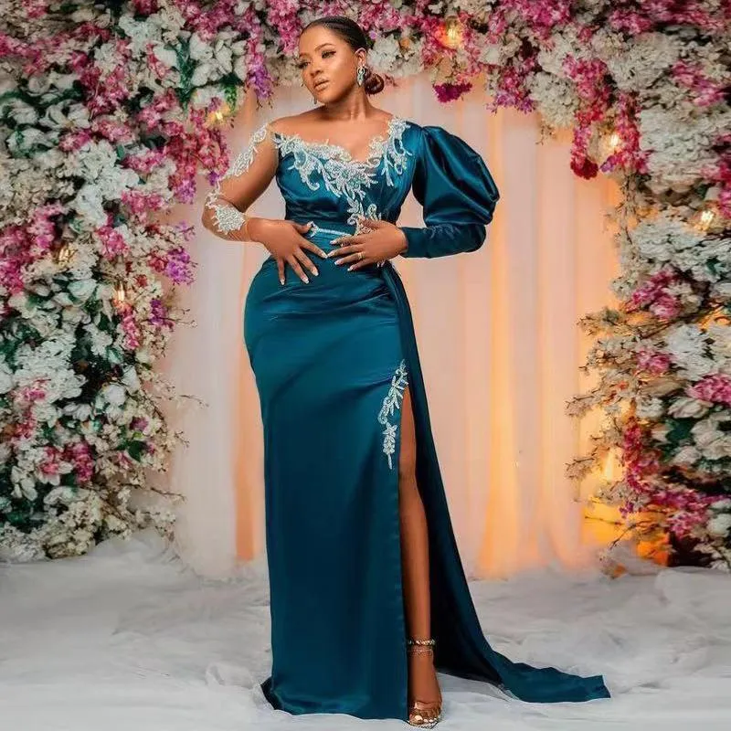 2024 Side Split Prom Dresses Long Sleeves Turquoise Satin Evening Party  Gowns From Haiyan4419, $173.67 | DHgate.Com
