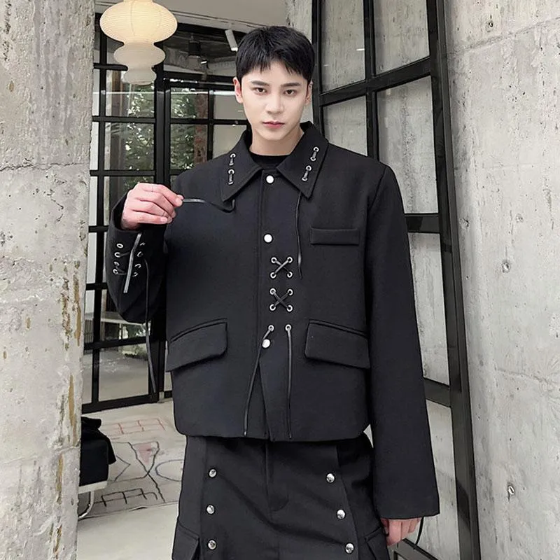 Hommes Vestes Hommes Revers À Lacets Conception Lâche Casual Net Célébrité Streetwear Mode Vintage Noir Foncé Veste Courte Mâle Scène Vêtements Manteau