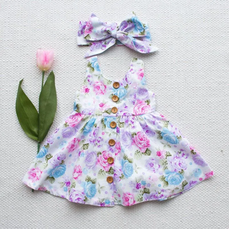 Kledingsets Peuter Kids Baby Girl Floral Tank Dress Match Hoofdband Zomerknop Mouwloze Sundress Bunkkleding