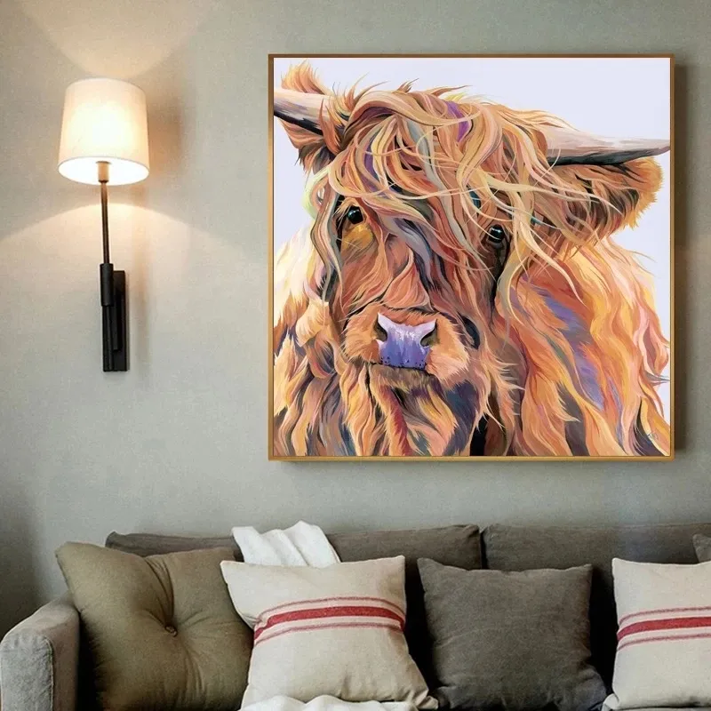 Pinturas de lona Arte animal moderna Arte colorida Highland Cow Posters e impressões de arte de parede para sala de estar decoração caseira cuadros