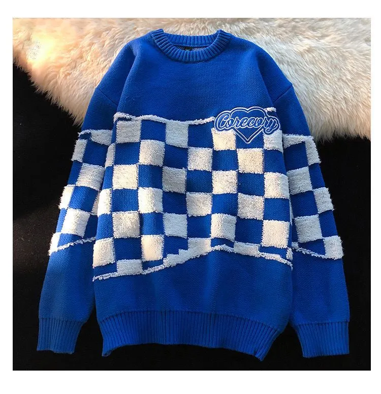 Herfst dames mode blauwe truien prachtige geruit gebreide merk los en casual pullover houden warme tops chique vrouwelijke lange mouwen gebreide kleding kerstmis