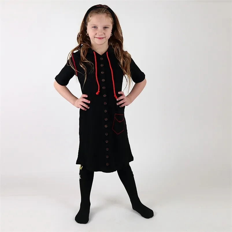 Девушка платья для девушек платье лето с коротким рукавом и с длинным рукавом детская одежда передние пуговицы Детская одежда черная ребринка с красной капюшоном 220908