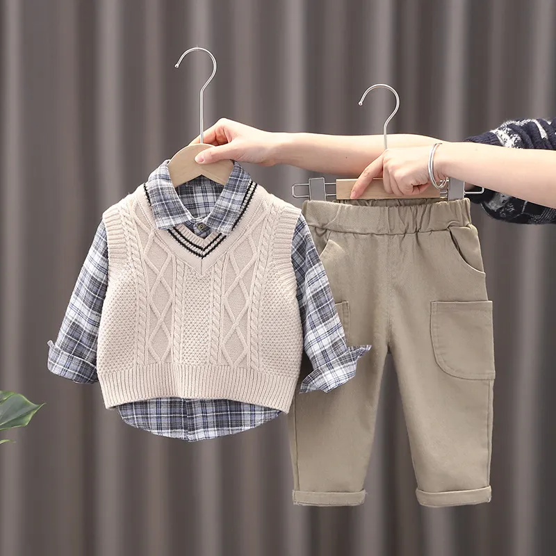 Baby Boy Clothes Set: Spring Autumn Infant Outfit Knitted Vest, Plaid  Shirt Pants, Children's Cotton Sportswear Stylish Comfortable