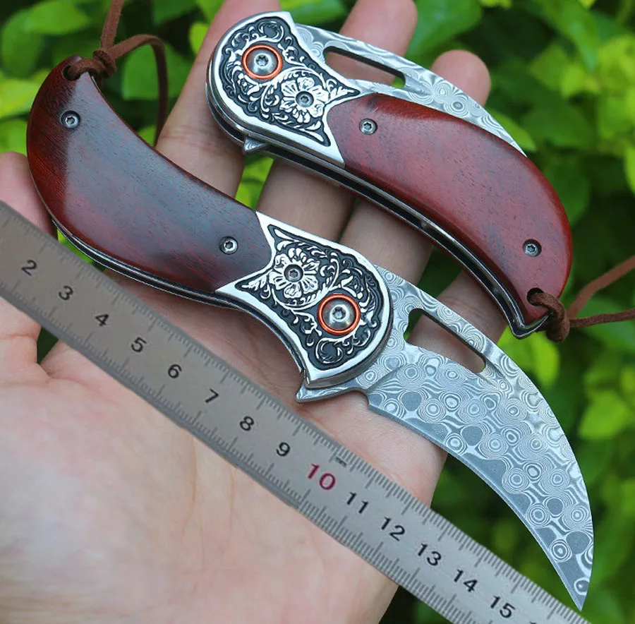 1Pcs M6669 Flipper Folding Knife VG10 Damascus Steel Blade Rosewood and Steel Head Handle Ball Bearing Fast Open EDC Pocket Knives with Leather Sheath