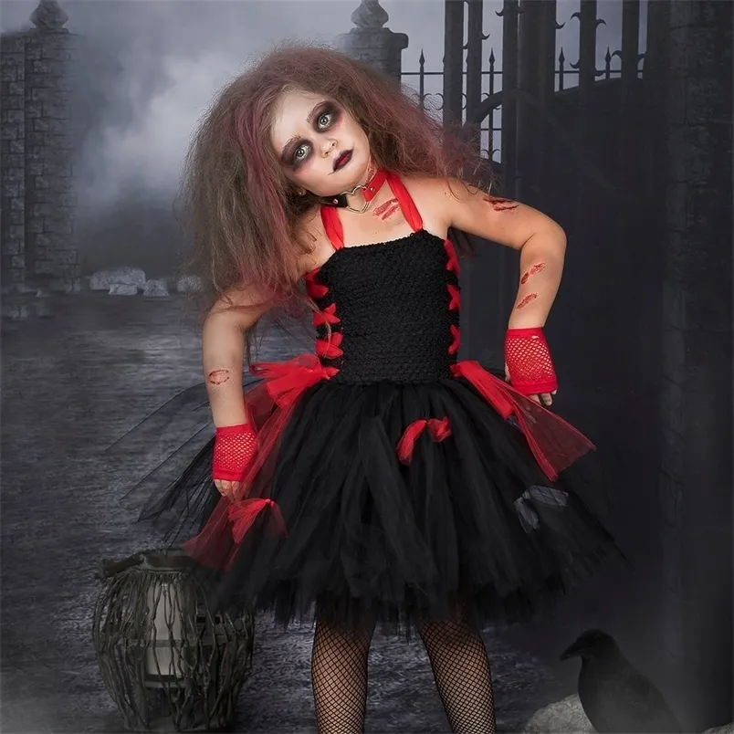 Ocasiões especiais Fantas figurinas de Halloween Scary Zombie Set Black Red Girls Tutu Dress Crianças Vestidos de tule 220908