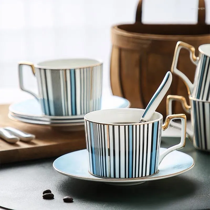 Cups Saucers British Style Bone China Coffee Cup Saucer Spoon Set Luxury Porcelain Afternoon Tea Blue Stripe Ceramic Mug Cafe Party Drink