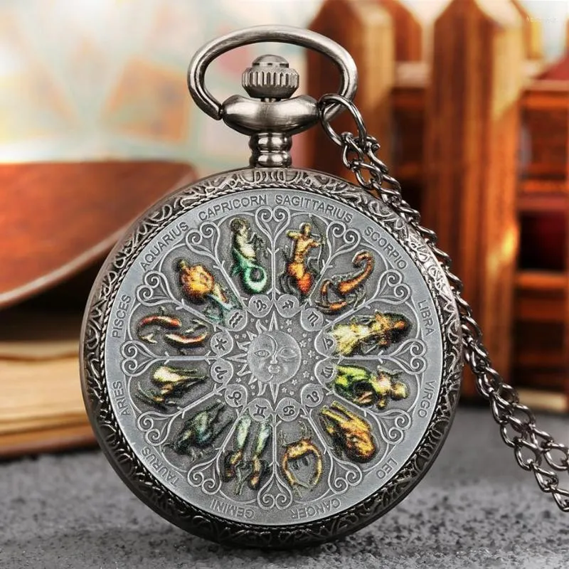Pocket Watches Retro Gray 12 Constellations Astrology Pattern Quartz Watch Necklace Chain Birthday Gifts Pendant For Friend Unisex