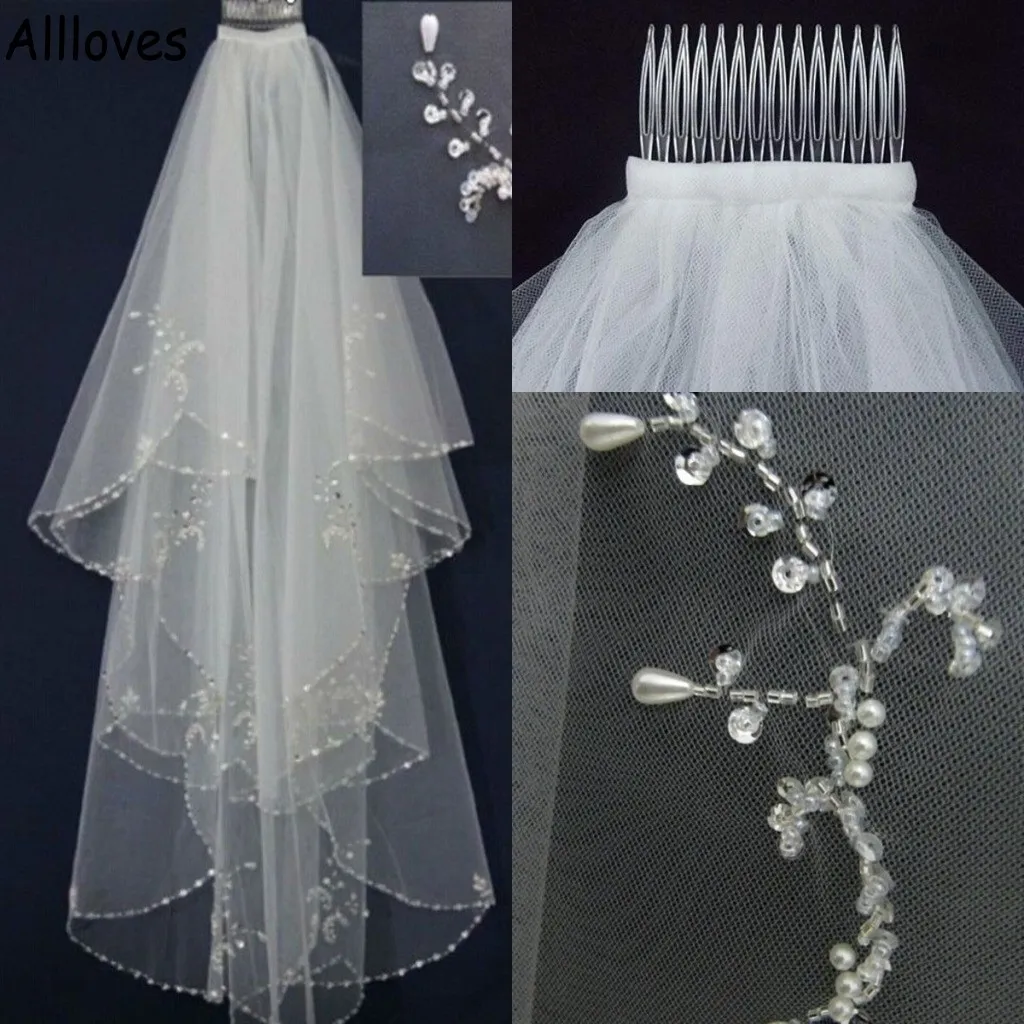 Major Beading Wedding Veils White Ivory Glamorous Brides Hair Accessories Two-Layer Bridal Veil med Comb Al6042