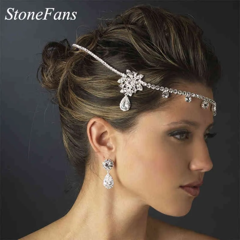 Bijoux de cheveux de mariage Stonefans New Summer Coiffe Goutte d'eau Cristal Tête Chaîne Femme Fleur Bandeau Strass Front Chaîne De Luxe Mariée Diadème T220907