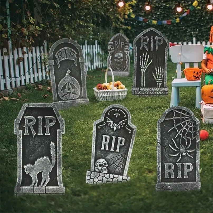 Décorations de jardin 6pcs mousse squelette tombeau décoration d'halloween pour patio tombe chauve-souris accessoires de fête d'halloween horreur maison accessoires Rip pierre tombale 220908