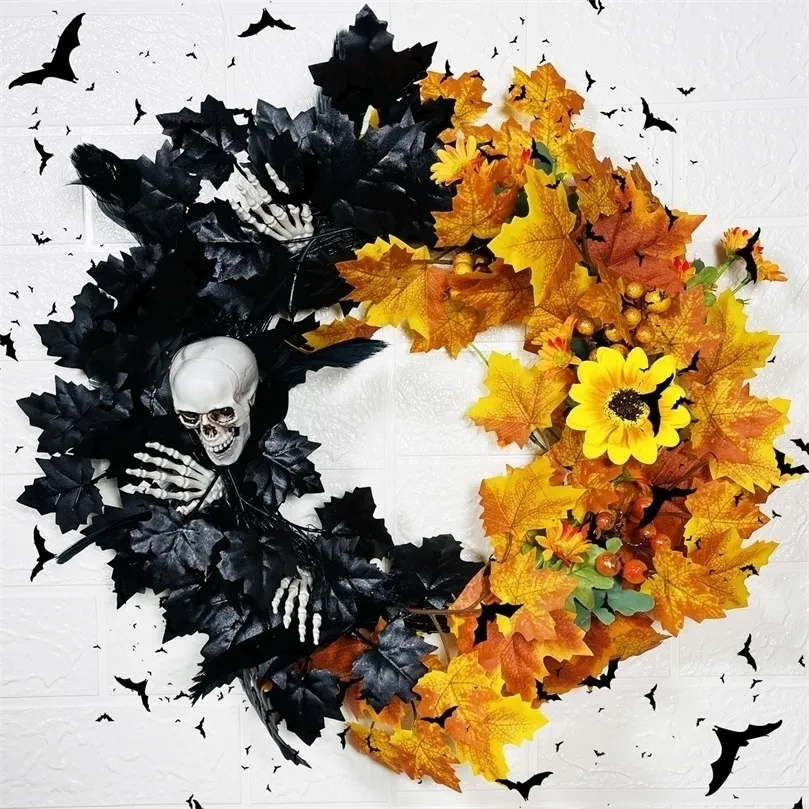 Faux blommor grönare 45 cm halloween dekoration fladdermus kranshänge fönster dörr hängande lönn blad girland halloween dekor hem parti leveranser #t2g 220908