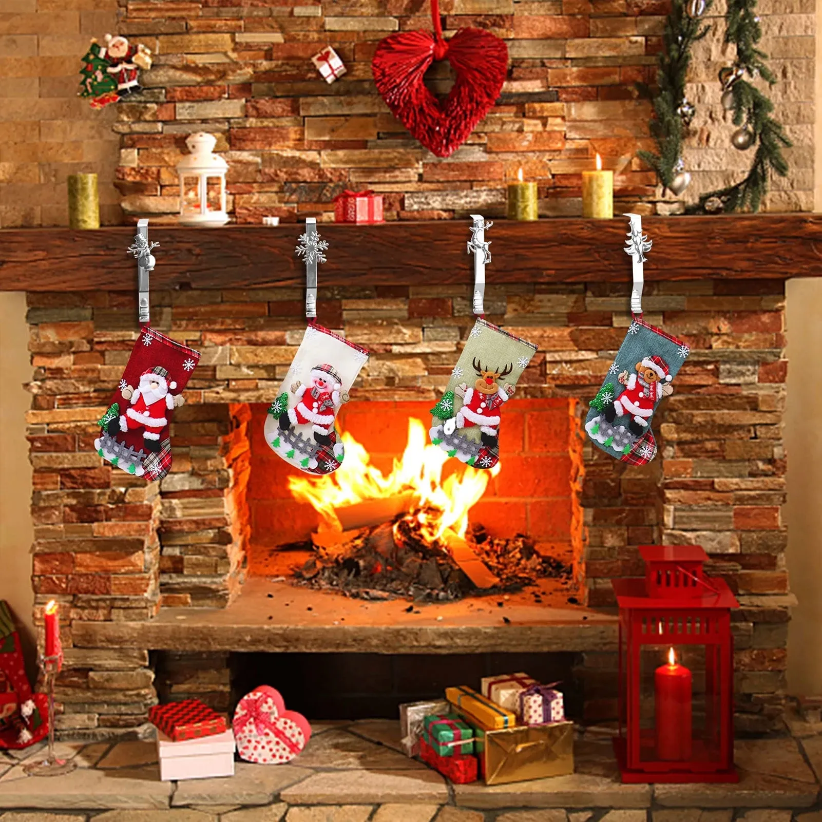 LATERN 4 supporti per calze di Natale, in metallo dorato, ganci antiscivolo per regali di Natale, camino, camino, finestra, casa, ornamenti natalizi per feste