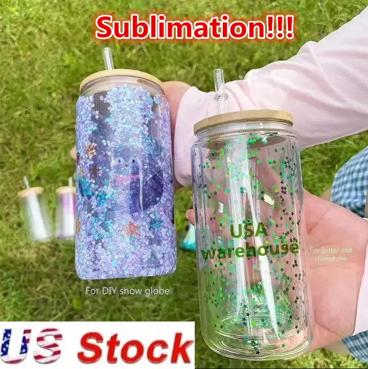USA Warehouse Tumblers 16oz Double Wall Glass Drink Iced Coffee Diy Blanks Sublimation Soda Can Shaped Beer Glass Mugg med lock