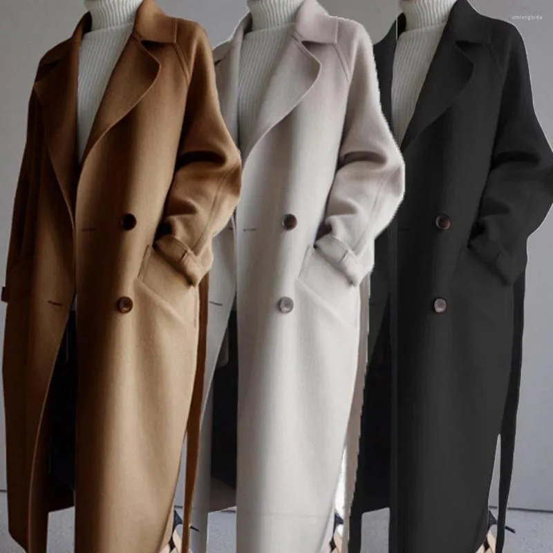 Women's Wool Oversize Designers Lapel Cashmere Blend Belt Trench Coat Outwear Jacket