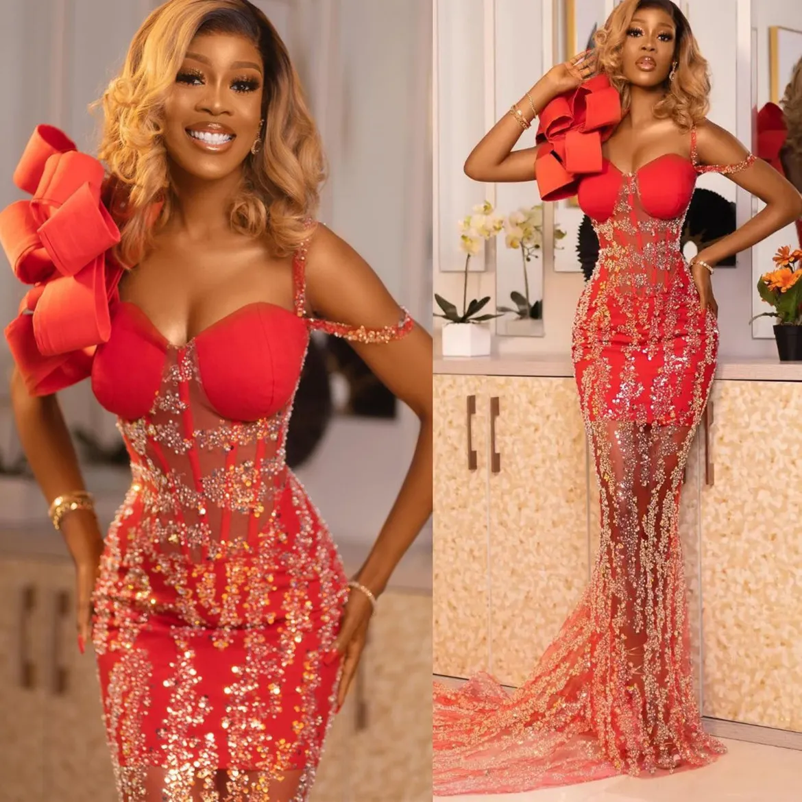 2022 Arabic Aso ebi Red Mermaid Promples Prompes Sequined кружевная блестящая вечерняя вечеринка второй прием с днем ​​рождения платья платья zj555