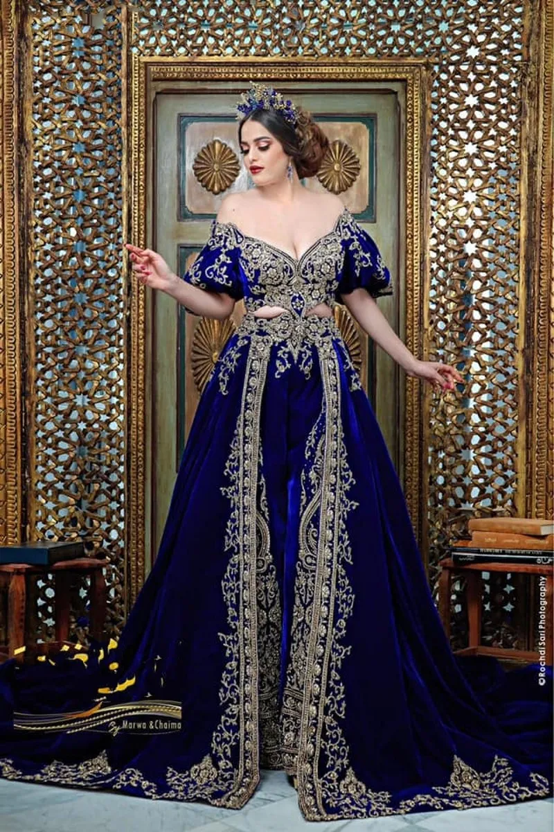 Traditionnel arabe deux pièces robes de soirée appliques velours bleu royal femmes pantalons robes de bal tenue robe de soirée de mariage