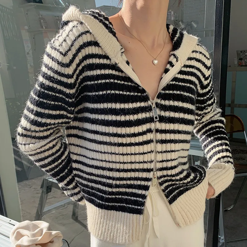 8578 Vintage Design Sense Double Zipper Hood Black / White Stripe Hiver New Style Sweater