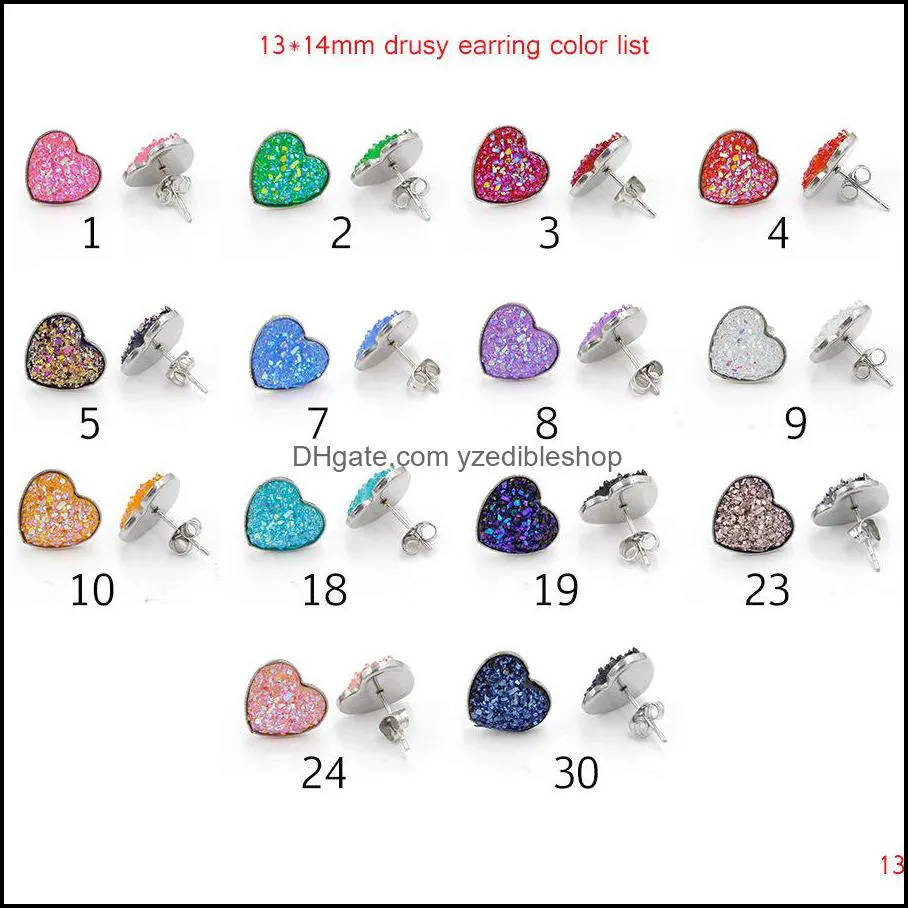 Stud Heart roestvrijstalen stud 14 mm hars druzy drusy oorbellen handgemaakt voor vrouwelijke sieraden mannen drop levering 2021 dhseller2010 dhnwl