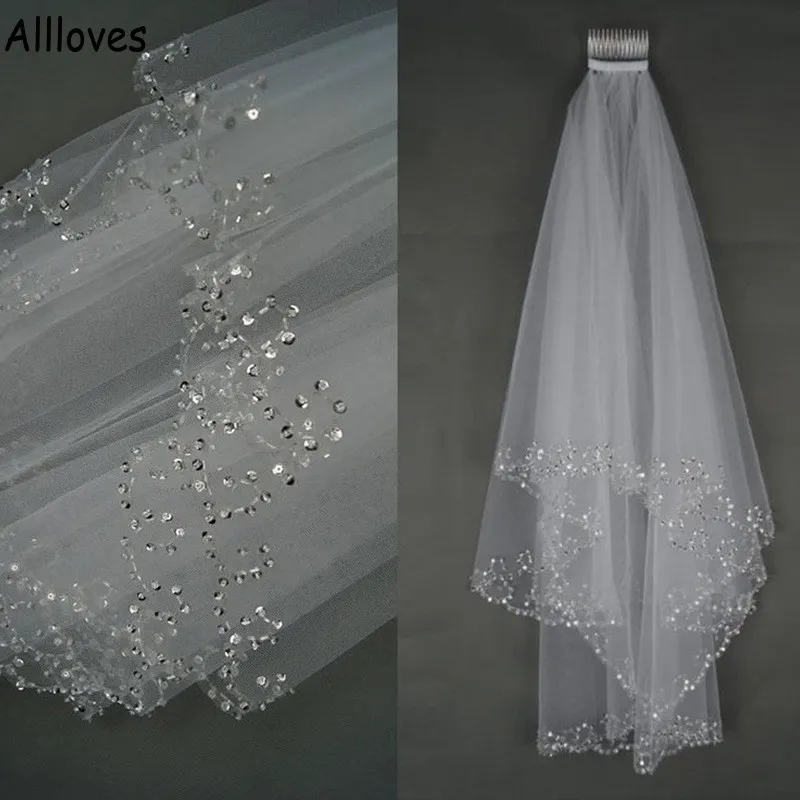 Paillettes Maggiore perline Veli da sposa per spose Bianco avorio Due strati Accessori per capelli da sposa Veli CL1107