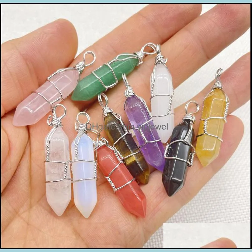 Charms Natural Gem Stone Charms Rose Quartz Crystal Amethyst Hexagonal Prism Pendum Reiki Pendants For Jewelry Making Wi DHSeller2010 DH5CE