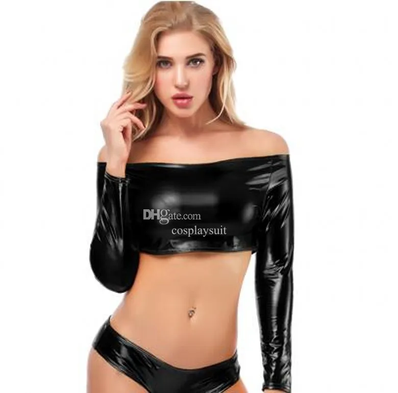 Candy Color PU shiny Catsuit Costumes Sexy Crop Top Long Sleeve Women Off Shoulder Punk Pole Dance Tops Clubwear Midriff