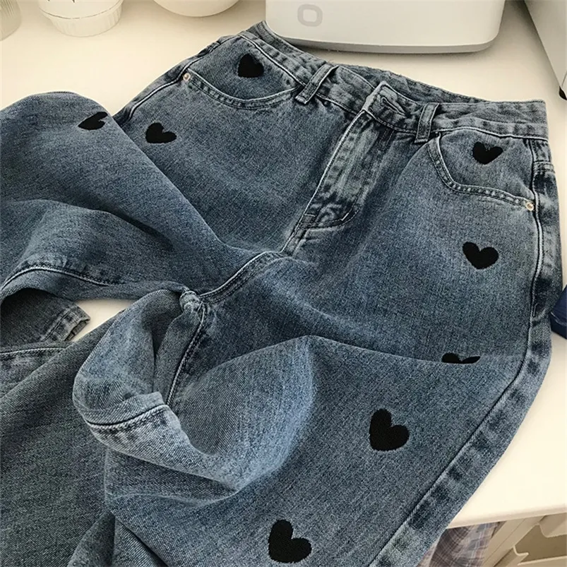 Womens Jeans Heart Embroidery Vintage Women High Waist Wide Leg Denim Pants Blue Streetwear Harajuku Baggy Gothic Black Trousers Female 220908